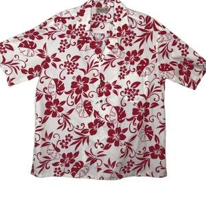 E&K Fashion Mens Cream Button Down Hawaiian Print Short Sleeve Shirt Vintage XL